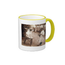 1890 kind die Hond fotograferen Koffie Bekers