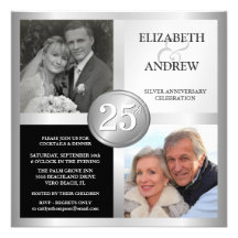 25ème Invitations argentées d'anniversaire avec 2 