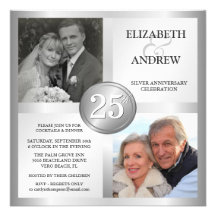 25ème Invitations argentées d'anniversaire avec 2 