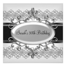 30ème Argent de fête d'anniversaire sur le noir ar Carton D'invitation