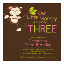 3èmes invitations de fête d'anniversaire de singe 