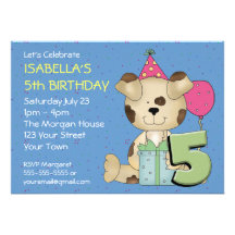5ème chiot personnalisable d'anniversaire invitations