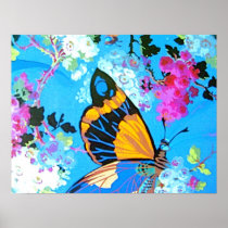 Affiche bleue de papillon et de fleur