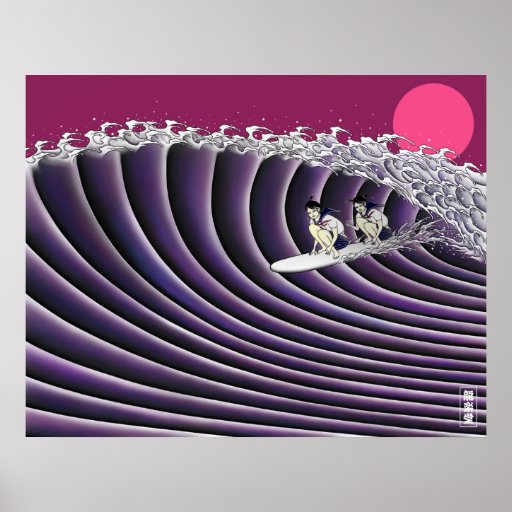 affiche surfante de coucher du soleil japonais