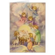Anges observant au-dessus du bébé Jésus Carte De Vœux