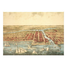 Antiek Kaart van Straat Chicago, LaSalle en Rivier Uitnodiging