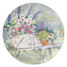 Antiek Vintage Kruiwagen met Bloemen in Tuin Diner Borden
