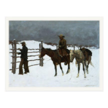 Art de carte postale avec des cowboys dans la neig
