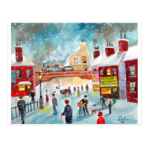 Art de peinture à l'huile de train d'hiver de scèn cartes postales
