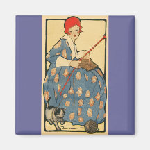Art Nouveau - tricot de fille avec son chat Magnets Pour Réfrigérateur
