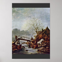 Auberge sur une rivière congelée par Ostade Isaac  Affiche