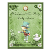 Baby shower fou vert de thé du pays des merveilles invitations
