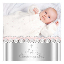 Baptême blanc rose de photo de bébé invitations