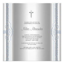 Baptême bleu argenté de bébé cartons d'invitation