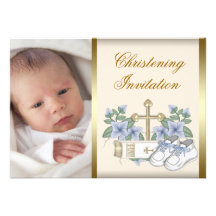 Baptême bleu en ivoire Invitat de photo de bébé d' Invitations
