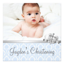 Baptême bleu gris de photo de garçons de damassé invitations personnalisables