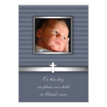 Baptême de photo de bébé de rayure bleue invitations personnalisables
