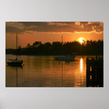 Bateaux au coucher du soleil affiche