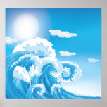 Blauw wit oceaan de douaneposter van zeegolven