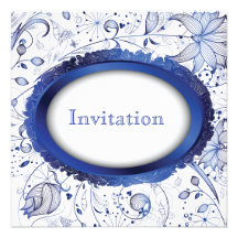 blauwe en witte huwelijksuitnodiging