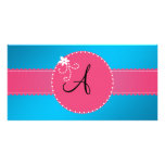 Bleu de monogramme avec le cercle rose de fleur cartes avec photo