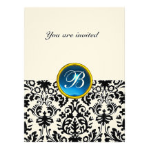Bleu de saphir de MONOGRAMME de GEMME de DAMASSÉ t Invitations Personnalisées