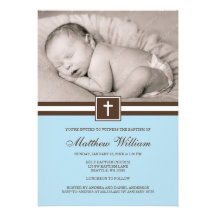 Bleu et baptême croisé de photo de garçon de Brown Invitation Personnalisable