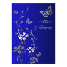 Bleu, faire-part de mariage floral de papillons d'