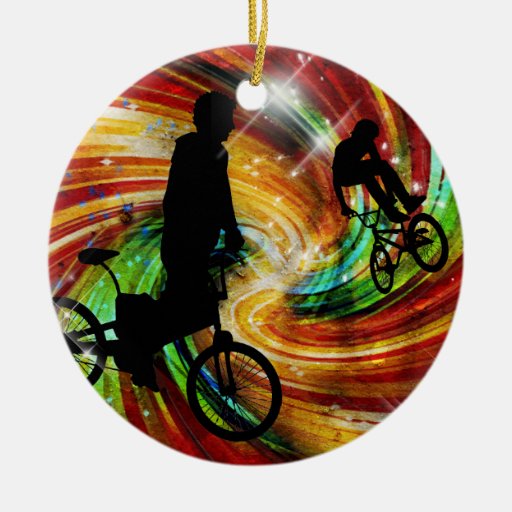 BMXers dans des remous grunges rouges et oranges Décorations Pour Sapins De Noël