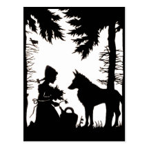 Bois rouges de loup de capuchon de silhouette noir carte postale