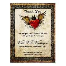 Bon de Merci de coeur à ailes par tatouage vintage Carte Postale
