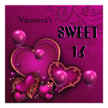 Bonbon 16 seize ballons de rose de coeur d'anniver cartons d'invitation