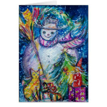 BONHOMME DE NEIGE AVEC DES JOUETS, jaune bleu blan Carte De Vœux