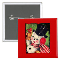 Bonhomme de neige vintage avec un oiseau rouge badge