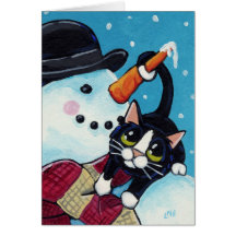 Carte de Noël de bonhomme de neige de chat et de m