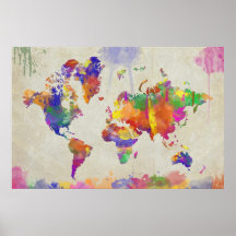 Carte du monde d'impression d'aquarelle posters