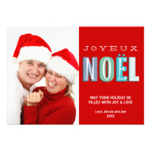 Carte photo génial de Noël de rouge bleu de Joyeux Cartons D'invitation