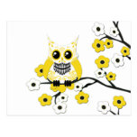 Carte postale blanche jaune de hibou de fleurs de 