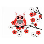 Carte postale blanche rouge de hibou de fleurs de 