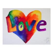 Carte postale d'art d'aquarelle de coeur d'arc-en-