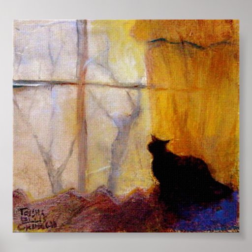 Chat à la fenêtre avec les rideaux jaunes poster