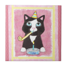Chat d'anniversaire de smoking CeramicTile/trépied Carreaux