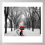 Chat noir dans l'AFFICHE de scène d'hiver en bois
