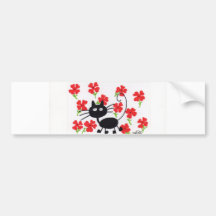 Chat noir de bande dessinée et fleurs rouges autocollant pour voiture