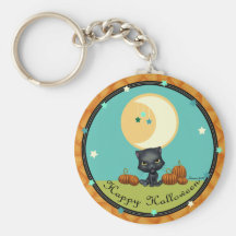 Chat noir et lune Keychain rond de Halloween Porte-clefs