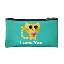 Chat romantique mignon avec le coeur trousse de maquillage