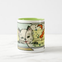 Chat vintage avec la cuvette de poissons tasse