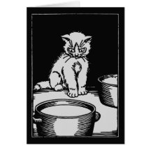 Chaton mignon avec le bol de lait, noir et blanc cartes de vœux