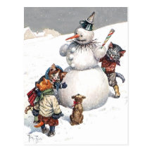 Chats adorables construisant un bonhomme de neige cartes postales