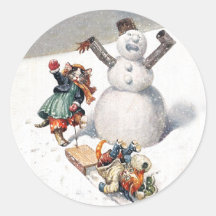 Chats d'Arthur Thiele jouant dans la neige Autocollant Rond